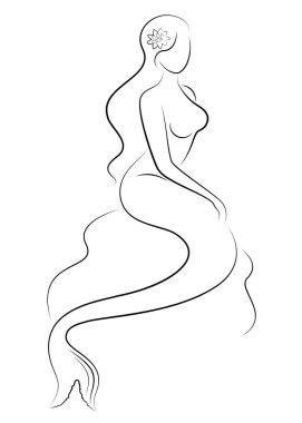 Bir peri denizkızı silueti. Güzel kız bir kayanın üzerinde oturuyor. Bayan genç ve ince. Vektör çizimi