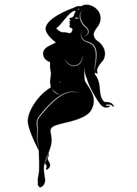 Büyük bir kadın figürünün silueti. Kız oturuyor. Kadın kilolu, o güzel ve seksi. Vektör çizimi