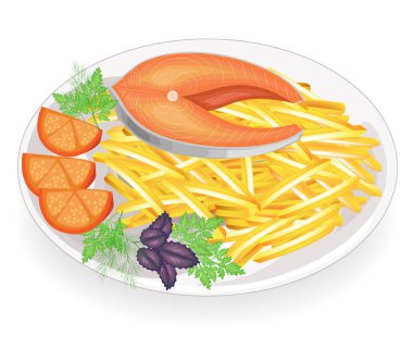 Tabakta kırmızı balık bifteği. Maydanoz, dereotu ve fesleğen ile dolu kızarmış patatesleri süsleyin. Kahvaltı, öğle ve akşam yemeklerini lezzetli, zarif ve besleyici yemekler. Vektör çizimi