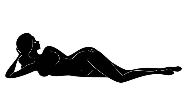 Silueta de una dulce dama, miente. La chica tiene una hermosa figura desnuda. Una mujer es una joven sexy y delgada modelo. Ilustración vectorial . — Vector de stock