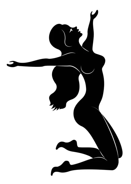 Silhouette d'une gentille dame. La fille est heureuse, sautant de joie, levant les mains. La femme est nue et mince. Illustration vectorielle — Image vectorielle