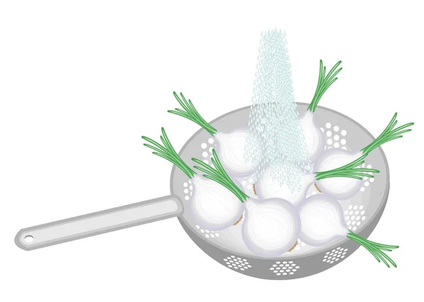 Le verdure fresche vengono lavate sotto l'acqua corrente. In un colino una cipolla matura. Le verdure raccolte dovrebbero essere mangiate pulite. Illustrazione vettoriale — Vettoriale Stock