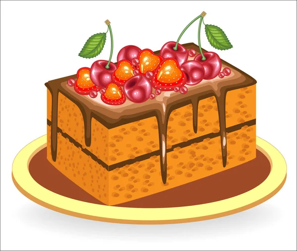 절묘한 음식. 맛있는 초콜릿 케이크 한 조각. 단맛은 딸기와 달콤한 체리의 열매로 장식되어 있습니다. 벡터 일러스트레이션 — 스톡 벡터
