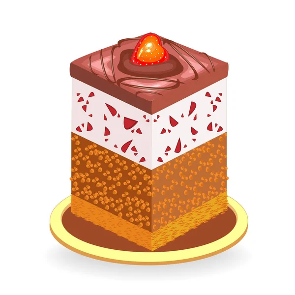 Nourriture exquise. Un morceau de délicieux gâteau au chocolat. La douceur est décorée de baies de fraises et de cerises douces. Illustration vectorielle — Image vectorielle