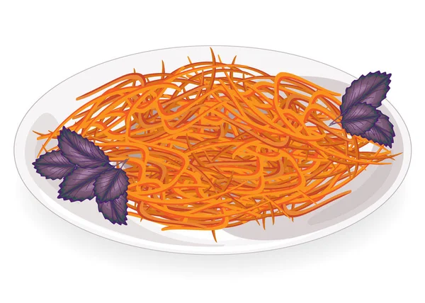 Вкусное блюдо. Корейская морковка с базиликовой пластиной. Диетическая, вегетарианская, здоровая еда. Векторная иллюстрация . — стоковый вектор