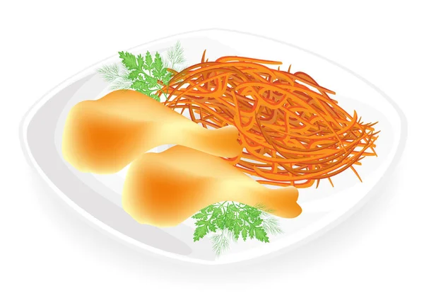 Viande de poulet dans une assiette, pilon. Garnir de carotte coréenne. Feuilles de persil et d'aneth. Délicieux, savoureux et nutritif. Illustration vectorielle — Image vectorielle