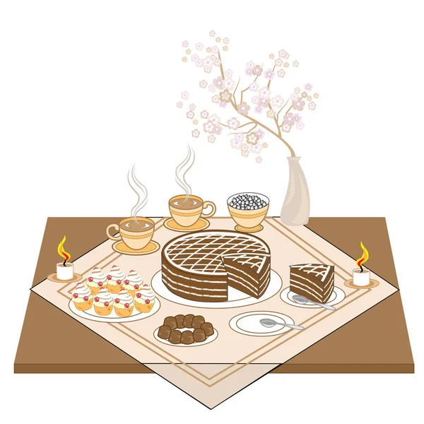 Uma mesa festiva com velas e um bolo de chocolate. Chá quente ou café, doces, muffins - um deleite requintado para todos os gostos. Delicadas flores sakura criar uma atmosfera romântica. Ilustração vetorial — Vetor de Stock