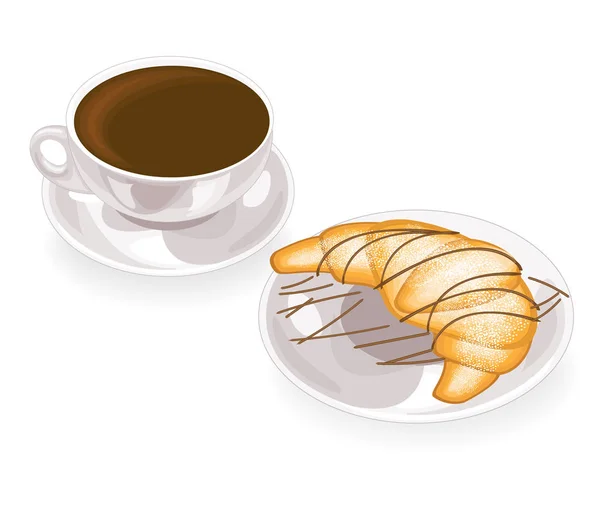 Une tasse de délicieux café noir et un croissant frais sur une assiette avec du chocolat. Illustration vectorielle — Image vectorielle