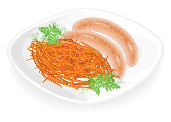 Worstjes gemaakt van vlees op een bord. Garnituur Koreaanse wortel. Dille en peterselie bladeren. Heerlijk, vers en voedzaam eten. Vector illustratie — Stockvector