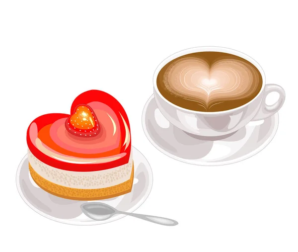 Ένα νόστιμο κέικ σε σχήμα καρδιάς και ένα φλιτζάνι καφέ με αφρό σε σχήμα καρδιάς. Ημέρα του Αγίου Βαλεντίνου για τους εραστές. Απεικόνιση διανυσματικών φορέων — Διανυσματικό Αρχείο