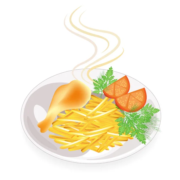 Sur une assiette, le pilon de viande frite de poulet. Garnir les pommes de terre de tomates, d'aneth et de persil. Aliments savoureux et nutritifs. Illustration vectorielle — Image vectorielle