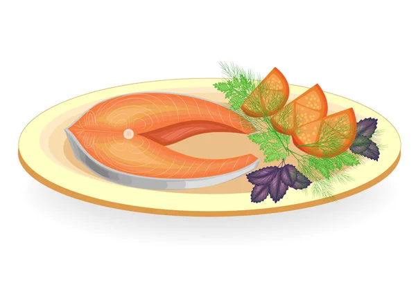 Een biefstuk van rode vis gegrild op een bord. Garneer de komkommer. tomaat, ui, peterselie, dille en basilicum. Lekker, heerlijk en voedzaam eten. Vector illustratie — Stockvector