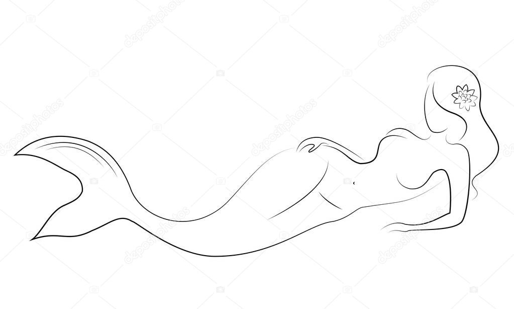 Silhouette of a mermaid. Beautiful girl is floating in the water. The lady is young and slender. Fantastic image of a fairy tale. Vector illustration