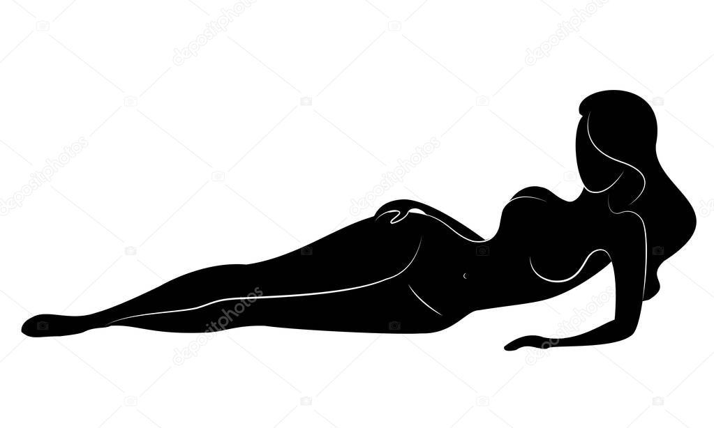 Silhouette of a sweet lady, she lies. The girl has a beautiful nude figure. A woman is a young sexy and slender model. Vector illustration.