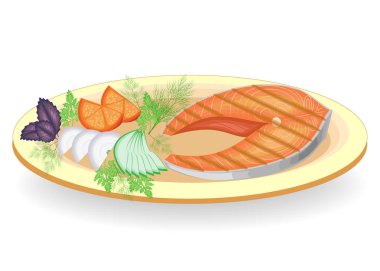 Tabakta ızgara kırmızı balıktan oluşan bir biftek. Salatalığı süsleyin. domates, soğan, maydanoz, dereotu ve fesleğen. Lezzetli, lezzetli ve besleyici yemekler. Vektör çizimi