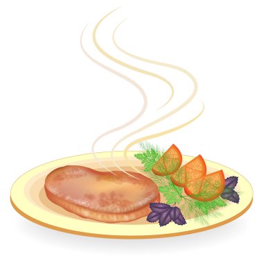 Bir tabak kızarmış etli biftek. Domates, dereotu yeşillikleri, maydanoz ve fesleğen dilimleri süsleyin. Kahvaltı, öğle ve akşam yemekleri için lezzetli ve besleyici yemekler. Vektör çizimi