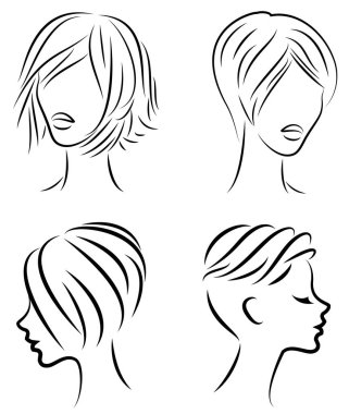 Sevimli bir bayanın başının silueti. Kız orta ve kısa saç lar için saç modelini gösterir. Logo, reklam için uygundur. Vektör çizimi