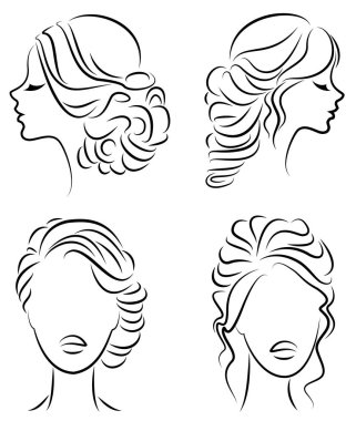 Koleksiyon. Sevimli bir bayan başının siluet profili. Kız orta ve uzun saçlar için onu saç modeli gösterir. Logo, reklam için uygundur. Vektör illüstrasyon seti