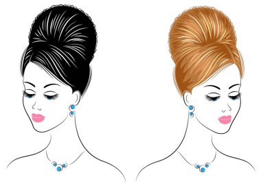 Koleksiyon. Sevimli bir bayanın başının silueti. Kız uzun ve orta saç lar üzerinde saç modelini gösterir. Logo, reklam için uygundur. Vektör çizimleri kümesi