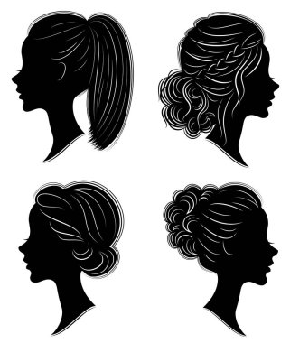Koleksiyon. Tatlı bir bayanın kafasının silueti. Pretty kız orta ve uzun saç güzel kadın saç modeli gösterir. Logo, reklam için uygundur. Vektör çizimi