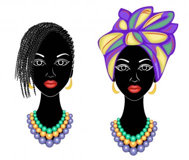 Koleksiyon.Profil tatlı bayan başkanı. Güzel bir saç modeli olan Afro-Amerikalı bir kız. Bayan türban takıyor, ulusal bir başlık. Vektör çizimleri kümesi