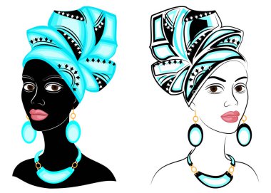 Koleksiyon. Tatlı bayanın başı. Bir Afrikalı-Amerikalı kızın başında parlak bir eşarp ve türban olduğunu. Kadın güzel ve şık. Vektör illüstrasyon seti.