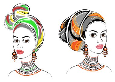 Koleksiyon. Tatlı bir bayanın kafasının silueti. Parlak bir şal, bir türban Bir Afrikalı-Amerikalı kızın kafasına bağlı. Kadın güzel ve şık. Vektör çizimleri kümesi