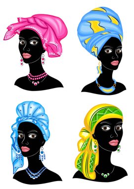 Koleksiyon. Tatlı bir bayanın kafasının silueti. Parlak bir şal, bir türban Bir Afrikalı-Amerikalı kızın kafasına bağlı. Kadın güzel ve şık. Vektör çizimleri kümesi