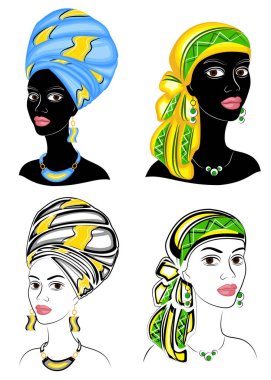 Koleksiyon. Tatlı bir bayanın kafasının silueti. Parlak bir şal, bir türban Bir Afrikalı-Amerikalı kızın kafasına bağlı. Kadın güzel ve şık. Vektör çizimleri kümesi