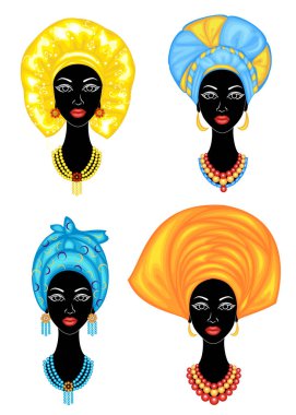 Koleksiyon. Tatlı bir bayanın kafasının silueti. Parlak bir şal, bir türban Bir Afrikalı-Amerikalı kızın kafasına bağlı. Kadın güzel ve şık. Vektör çizimleri kümesi