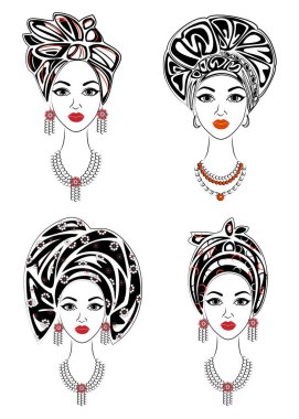 Koleksiyon. Tatlı bir bayanın kafasının silueti. Parlak bir şal, bir türban, Afro-Amerikalı bir kızın kafasına bağlı. Kadın güzel ve şık. Vektör çizimleri kümesi