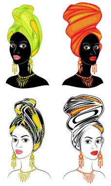 Koleksiyon. Tatlı bir bayanın kafasının silueti. Parlak bir şal, bir türban Bir Afrikalı-Amerikalı kızın kafasına bağlı. Kadın güzel ve şık. Vektör çizimleri kümesi