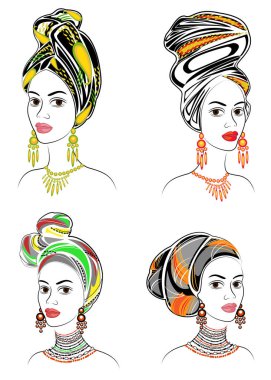 Koleksiyon. Tatlı bir bayanın kafasının silueti. Parlak bir şal, bir türban, Afro-Amerikalı bir kızın kafasına bağlı. Kadın güzel ve şık. Vektör çizimleri kümesi