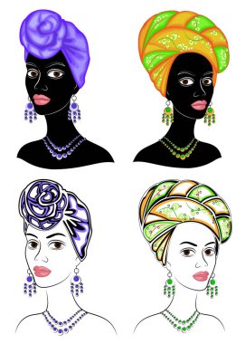 Koleksiyon. Tatlı bir bayanın kafasının silueti. Parlak bir şal, bir türban Bir Afrikalı-Amerikalı kızın kafasına bağlı. Kadın güzel ve şık. Vektör çizimleri kümesi