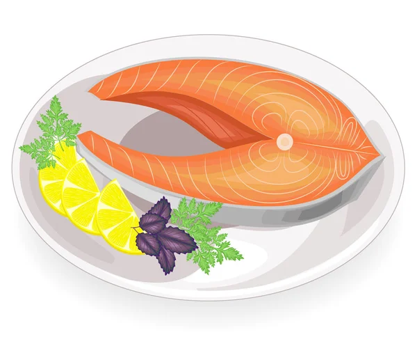 A steak of red fish grilled on a plate. Garnish lemon, parsley, dill and basil. Tasty, delicious and nutritious food. Vector illustration — Stock Vector