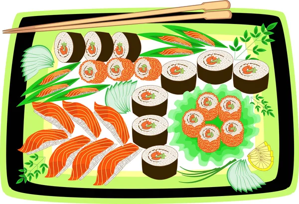 Cocina nacional japonesa gourmet. Los platos bellamente servidos incluyen mariscos, sushi, panecillos, caviar, arroz, verduras, verduras en rodajas. Ilustración vectorial — Vector de stock