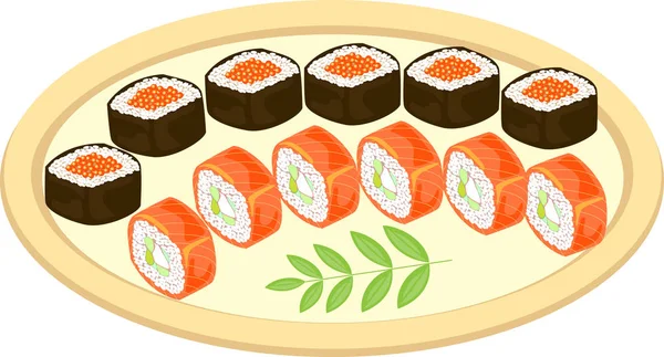 Imagen a color. Platos refinados de la cocina nacional japonesa. En un plato muy bien servido son mariscos, sushi, rollos, caviar, arroz, hierbas. Un regalo festivo. Ilustración vectorial — Archivo Imágenes Vectoriales