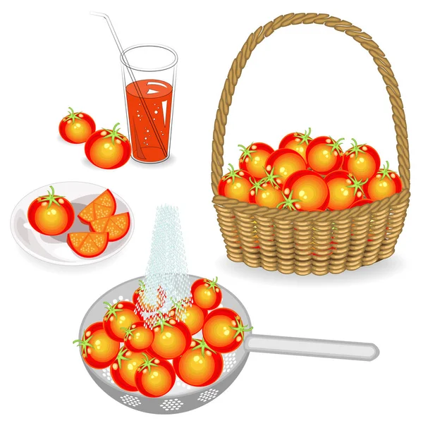 Colección. Los tomates en la cesta son recogidos, lavados bajo el agua en el escurridor. Corten hortalizas en el plato, expriman el jugo. Deliciosa bebida refrescante saludable. Juego de ilustración vectorial . — Archivo Imágenes Vectoriales