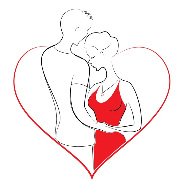 Aşık bir çiftin romantik ilişkisi. Genç bir adam tatlı bir bayana sarılıyor. Kız ve adam mutlu. Kalp şeklinde çerçeve. Vektör çizimi — Stok Vektör