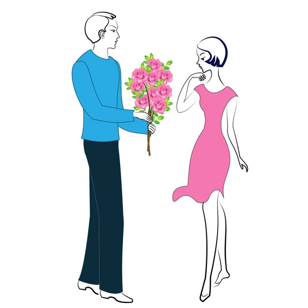 Relación romántica de amantes felices. Un joven y una chica en una cita. El tipo le da a la dama un hermoso ramo de flores, rosas escarlata. Ilustración vectorial — Vector de stock