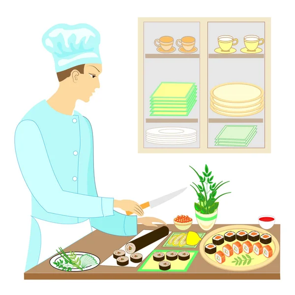 Imagem colorida. Um cozinheiro homem, ele prepara deliciosos pratos da cozinha nacional japonesa. Ele corta facas. Na mesa em um belo prato, frutos do mar, sushi, rolos, caviar. Ilustração vetorial — Vetor de Stock