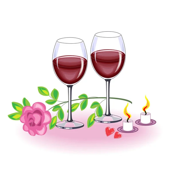 Piękne kryształowe kieliszki z pysznym czerwonym winem. Różowa Róża, świece i dwa czerwone serca. Romantyczny wieczór miłośników. Walentynki dzień. Ilustracja wektorowa — Wektor stockowy