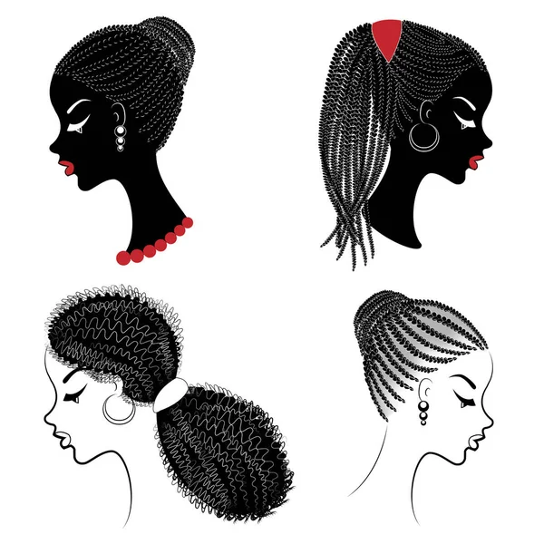 Colección. Perfil de una cabeza de damas dulces. Las chicas afroamericanas muestran peinados para cabellos largos y medianos. Las siluetas de las mujeres son hermosas y elegantes. Juego de ilustración vectorial — Vector de stock