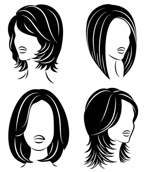 Colección. Silueta de la cabeza de una linda dama. La chica muestra su peinado en el pelo largo y medio. Adecuado para logotipo, publicidad. Conjunto de ilustraciones vectoriales — Vector de stock