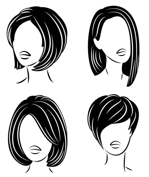 Collecte. Silhouette d'une tête de dame douce. Une fille montre une coiffure d'une femme sur cheveux longs, moyens et courts. Convient pour le logo, la publicité. Ensemble d'illustrations vectorielles — Image vectorielle