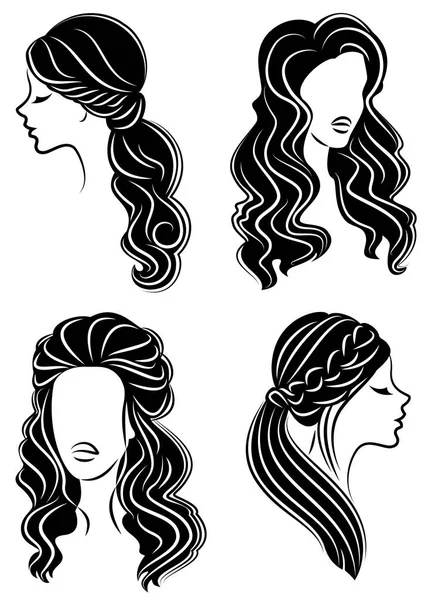 Koleksiyon. Sevimli bir bayan başının siluet profili. Kız orta ve uzun saçlar için onu saç modeli gösterir. Logo, reklam için uygundur. Vektör illüstrasyon seti