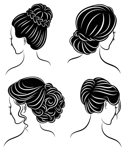 Sammlung. Silhouettenprofil eines niedlichen Damenkopfes. zeigt das Mädchen ihre Frisur für mittellange und lange Haare. geeignet für Logo, Werbung. Vektor Illustration Set — Stockvektor