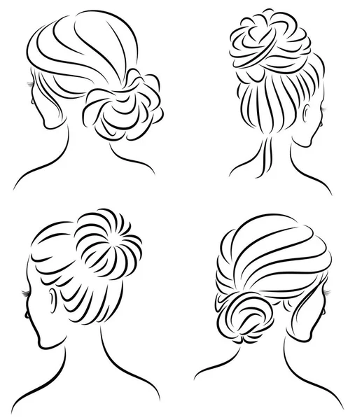 Collection. Silhouette profile of a cute lady s head. The girl shows her hairstyle for medium and long hair. Suitable for logo, advertising. Vector illustration set — Stock Vector