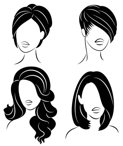 Koleksiyon. Sevimli bir bayanın başının silueti. Kız uzun ve orta saç lar üzerinde saç modelini gösterir. Logo, reklam için uygundur. Vektör çizimleri kümesi — Stok Vektör