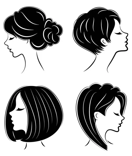 Colección. Silueta de la cabeza de una linda dama. La chica muestra su peinado en el pelo largo y medio. Adecuado para logotipo, publicidad. Conjunto de ilustraciones vectoriales — Vector de stock